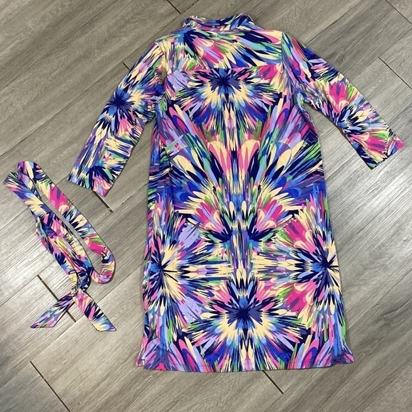 Tori Richard Honolulu Stretch Knit Luxury 3/4 Sleeve Shirt Dress w/Sash Size M - Picture 7 of 8